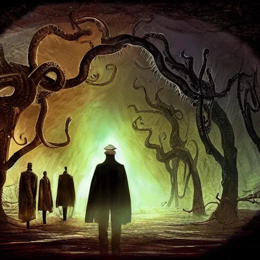 Prompt: Lovecraftian scenery with an investigator in the middle searching, full hd, dark