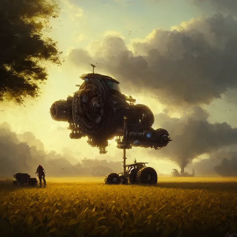 Image similar to greg rutkowski mech in a farmers field