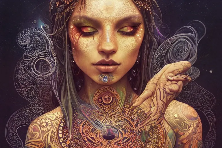 Image similar to a centered full body render of alluring festival hippie goddess with tribal tattoos surrounded by a underwater ink pour and flowing liquid gallium and sacred geometry, perfect face, powerful, cinematic, beautifully lit, by artgerm, by karol bak, by donato giancola, 3 d, trending on artstation, octane render, 8 k