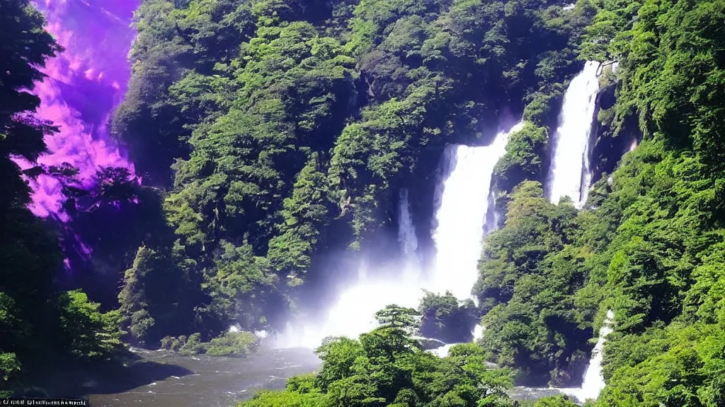 Image similar to the incense burner in the sun produces purple smoke, and the waterfall hangs on the front river ， the current flowed down three thousand feet, and it was suspected that the milky way had fallen for nine days