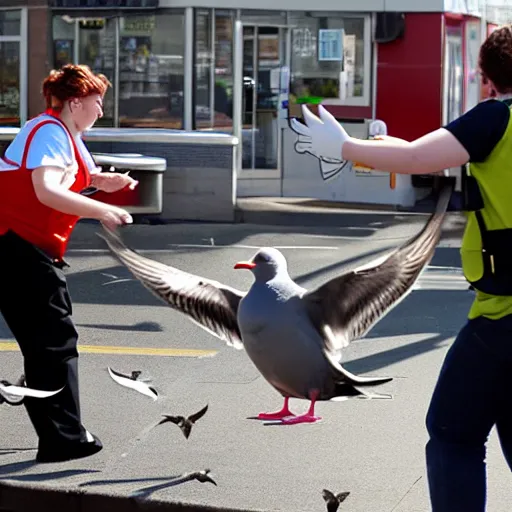 Prompt: mcdonald worker being attacked by seagulls