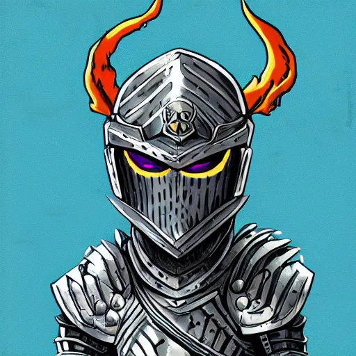 Image similar to armored knight wearing skull shaped helmet with blue flaming eyes, dungeons and dragons illustration