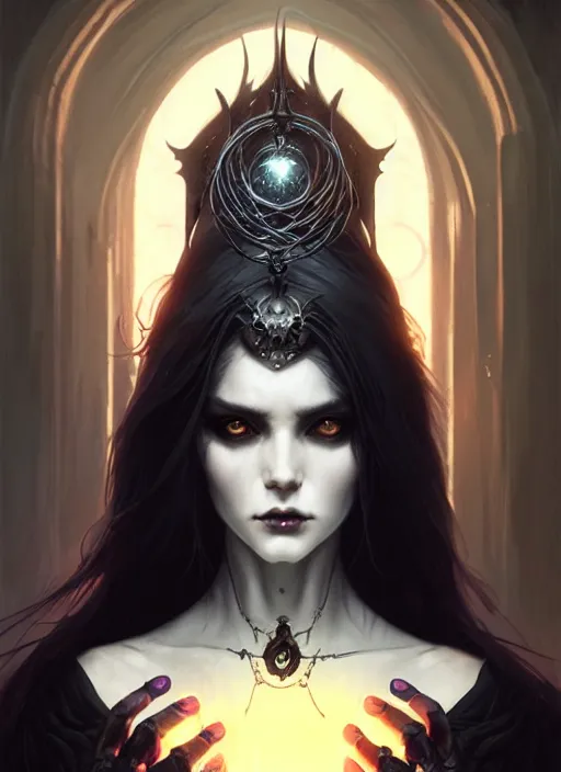 Image similar to Necromancer Sorceress goddess of death, fantasy magic, undercut hairstyle, dark light night, intricate, elegant, sharp focus, illustration, highly detailed, digital painting, concept art, matte, art by WLOP and Artgerm and Greg Rutkowski and Alphonse Mucha, masterpiece