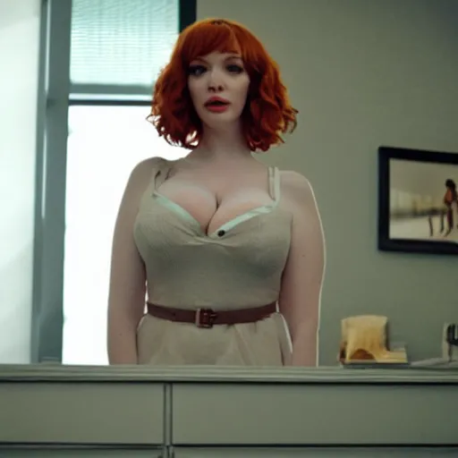 Prompt: a very surprised looking beautiful christina hendricks in a miniskirt in the living room, film still from the movie directed by denis villeneuve, wide lens