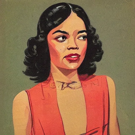 Image similar to “Tessa Thompson portrait, color vintage magazine illustration 1950”