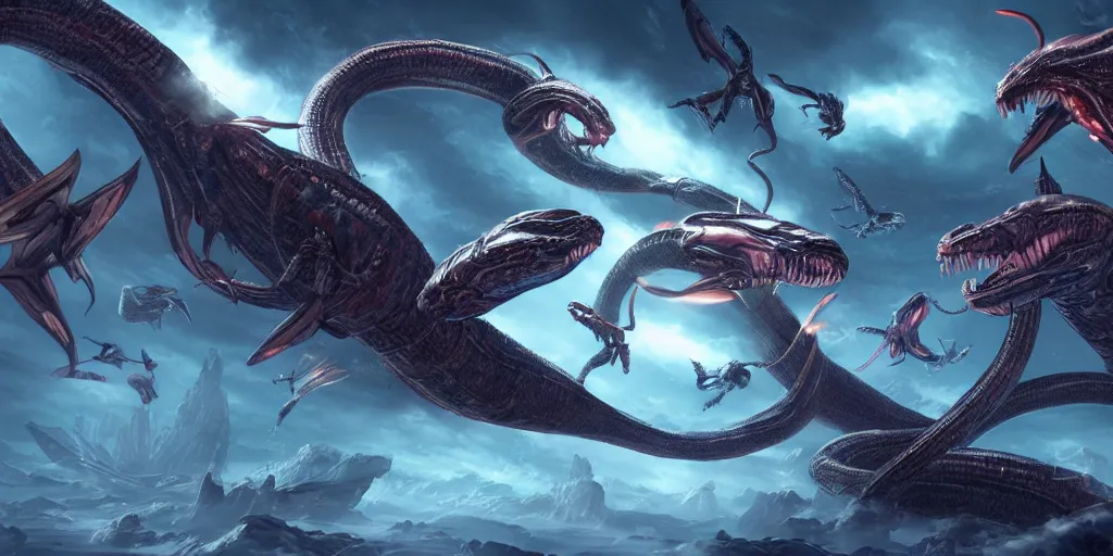 Prompt: a hyperrealistic illustration of several creatures fighting a giant alien snake in a huge spaceship, fantasy art, artstation, trending, ultra detailed, emotional