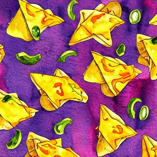 Image similar to watercolor nachos with cheese and jalapeno illustrations, white background, drawing, cartoon, in the style of shyama golden