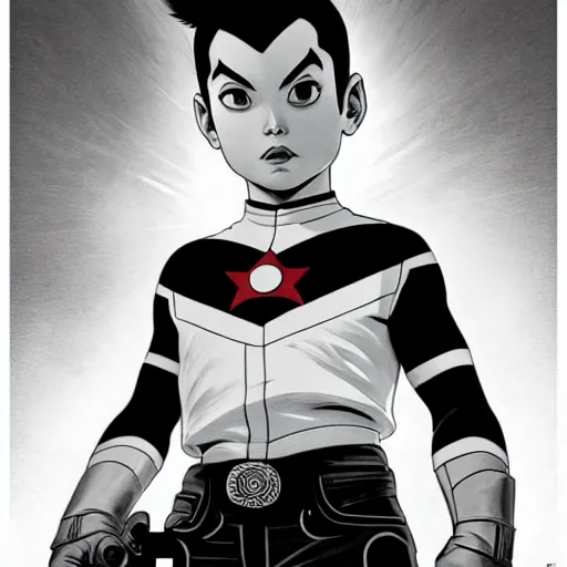 Prompt: wide angle portrait of Astroboy with western style face, monochrome color, heroic pose, mid-shot, shadowy area, dramatic lighting, award winning, concept art, digital painting, Unreal Engine 5, 8K, art by artgerm and greg rutkowski and alphonse mucha