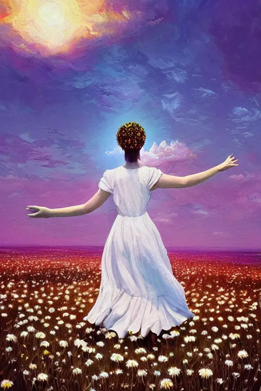 Image similar to giant white daisy flower as head, girl dancing in a flower field, surreal photography, sunrise, dramatic light, impressionist painting, colorful clouds, digital painting, artstation, simon stalenhag