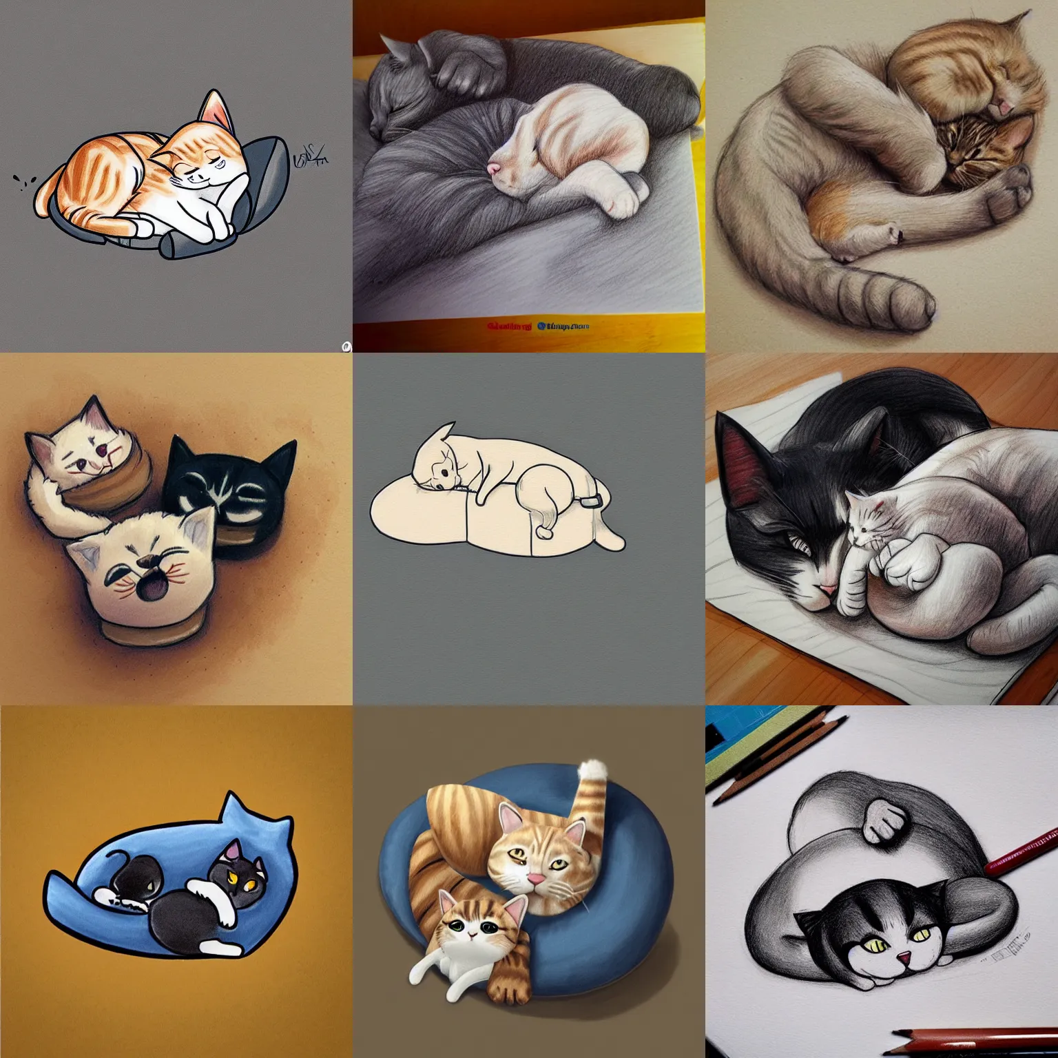 Prompt: cat sleeping, dog sleeping, sleeping together, cute drawing, trending on Artstation