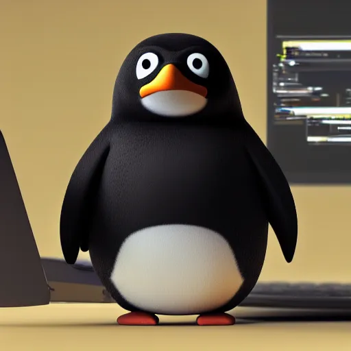 Image similar to pingu sitting behind a computer, 3 d render,, art, epic lighting