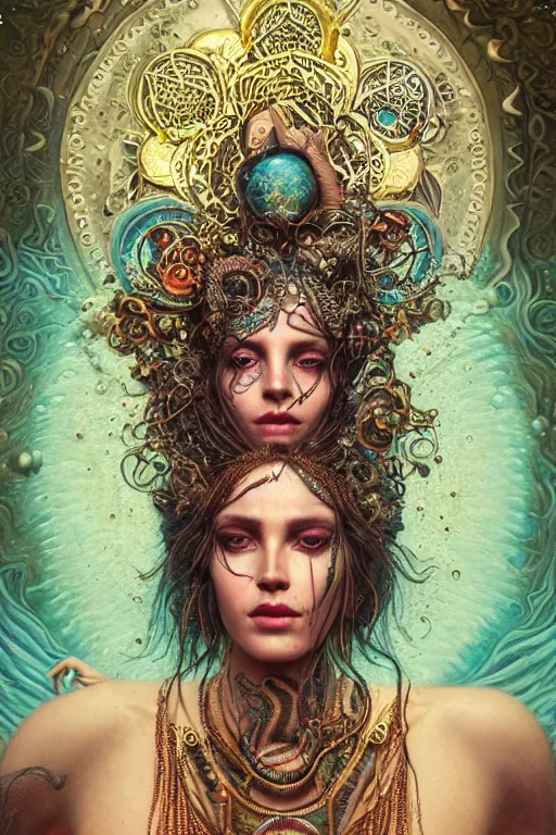 Image similar to a centered render of an mytical festival hippy with tribal tattoos wearing intricate metallic clothing surrounded by a underwater ink pour and flowing liquid gallium and sacred geometry, perfect body and face, gorgeous, cinematic, beautifully lit, by tom bagshaw, by karol bak, by donato giancola, 3 d, trending on artstation, octane render, 8 k