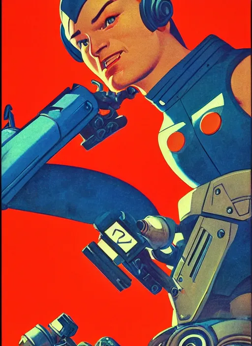 Image similar to soviet propaganda poster. cyberpunk mech pilot. portrait by jean giraud and anton otto fischer and john philip falter and will eisner and gil elvgren. realistic proportions. character art. science fiction d & d. tf 2, overwatch.