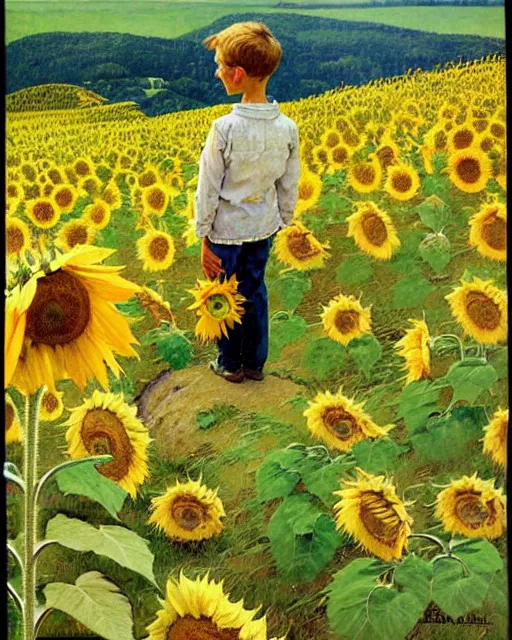 Image similar to boy standing on a hill looking down into the valley of sunflower fields, hills, cliffs, yellow sunflowers flower boy album cover by norman rockwell