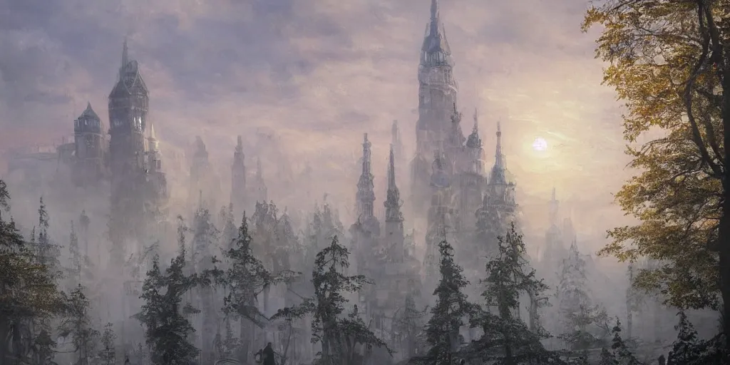 Image similar to bruins of magical ancient Slavic city of Kitezh in mist, magical glow, magic mist, strange buildings, oil painting, painting by Viktor Vasnetsov, concept art, fantasy cityscape, ancient Russian architecture, painting by Ivan Shishkin, hyperborea, high resolution, huge factories, trending on artstation, hyperrealism