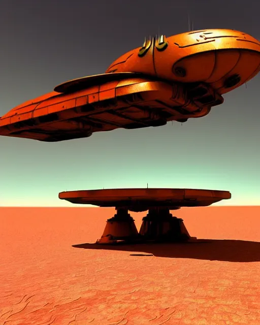 Image similar to a rusty starship in the desert in the style of chris foss and rodger dean