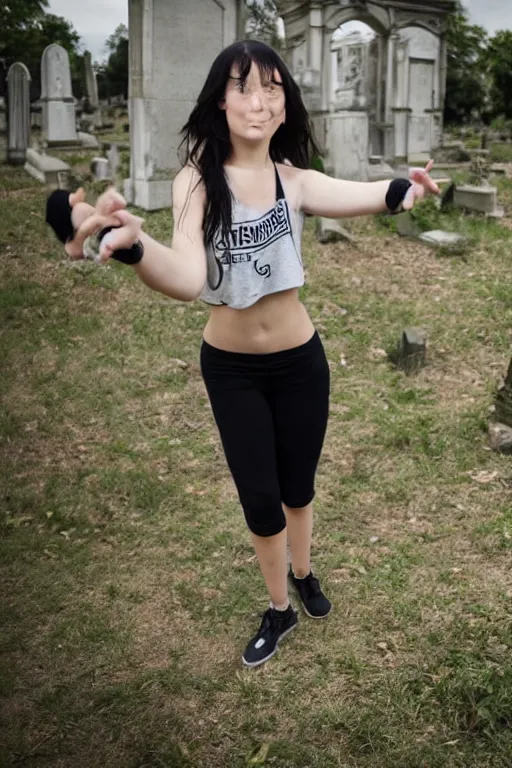 Prompt: egirl doing a shuffle dance in an abandoned graveyard