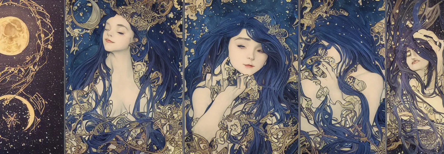 Image similar to cloaked dark winter night, awardwinning art by sana takeda and artgerm and alphonse mucha, conceptual volumetric realism, astronomical star constellations and watch gears, traditional moon, candle, tattoo, maiden and fool and crone, ultramarine blue and gold