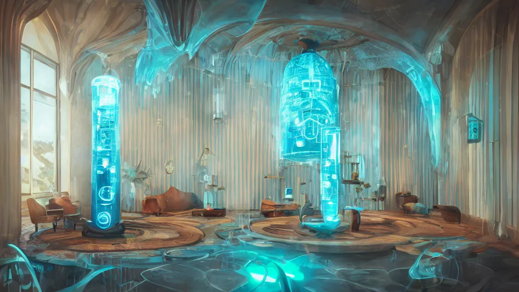 Image similar to interior view of Wizard's tower, peaceful interior design, aquamarine colors, nixie tube-interior-lighting, playground-view, peaceful-design, bright, style of Modernism, 4k, wide-perspective, grand-composition, concept-art, highly-detailed, sublime, dramatic, cinematic, octane