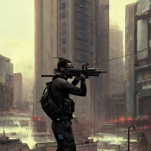 Image similar to A broad shouldered, muscular man wearing Reindeelusion Steven Cargo pants and Nike Tech fleece Shirt and Nike Acronym presto sneakers, rooftop, sniper rifle stationed in background, Police sirens shining in far background, high quality, digital art, dirty cyberpunk city, rain, greg rutkowski