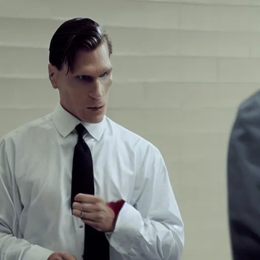 Image similar to cinematic still of Jerma985 playing Patrick Bateman, American Psycho