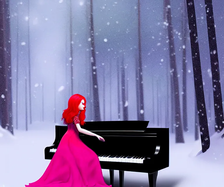 Image similar to a photorealistic rendering of a beautiful face gothic girl, pink hair in a stunning red dress playing a piano in the dark snowy forest by randolph stanley hewton, cg society contest winner, matte painting