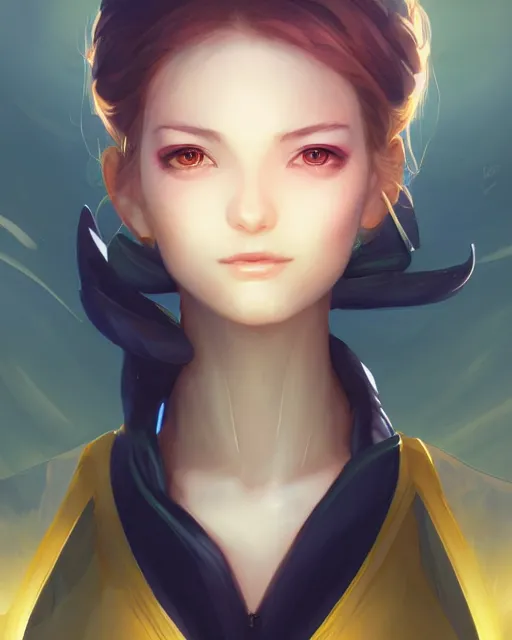 Image similar to beautiful portrait of a friendly android wearing a bee costume, character design by charlie bowater, ross tran, artgerm, and makoto shinkai, highly detailed, soft lighting