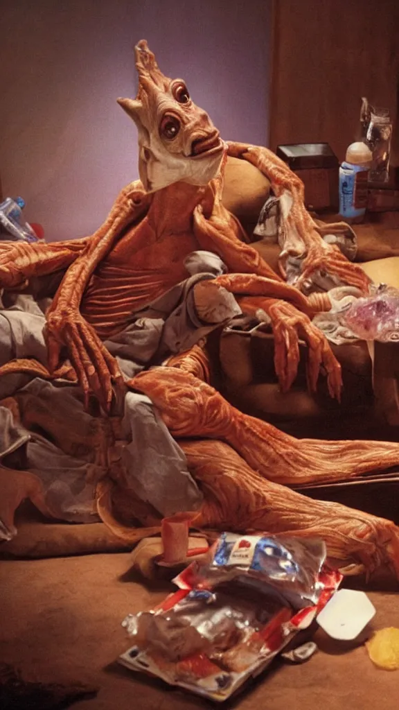 Image similar to jar jar binks lounging on his sofa in a dimly lit room, with fast food packaging strewn all over the floor