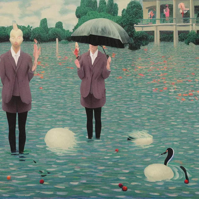 Image similar to painting of flood waters, zen, a tall catgirl art student, a river flooding inside, art supplies, pigs, ikebana, water, river, rapids, waterfall, black swans, canoe, pomegranate, berries dripping, acrylic on canvas, surrealist, by magritte and monet