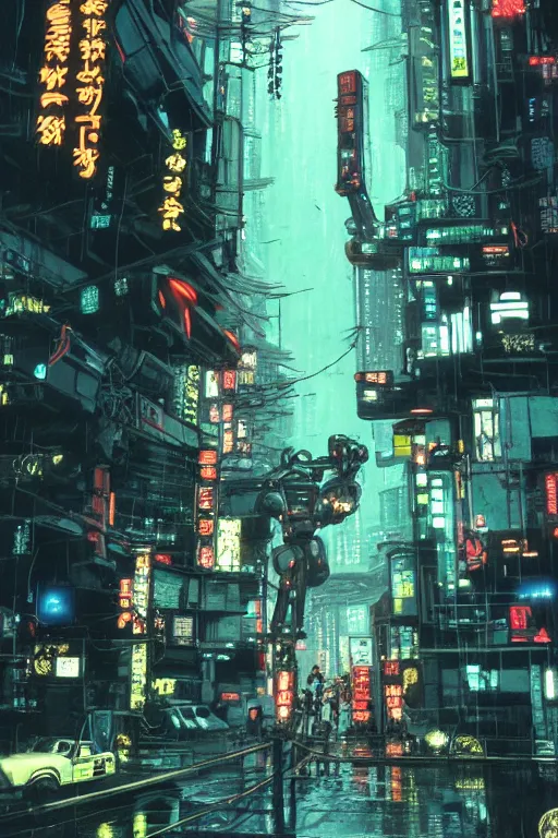 Image similar to cinematic 3 5 mm photo of ancient overgrown cyberpunk tokyo with robot by syd mead, night, rain, flowers, beautifully lit, hyperdetailed, unreal engine, photorealistic