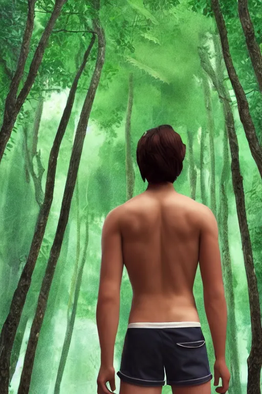 Prompt: young man with wavy black shoulder length hair, muscular back, plain cotton shorts, back view, trees, detailed forest background, webtoon, breathtaking scenery, colourful, 8 k, graphic novel, digital art trending on artstation, volumetric lighting, octane render, cinematic, hyper detailed, magical atmosphere