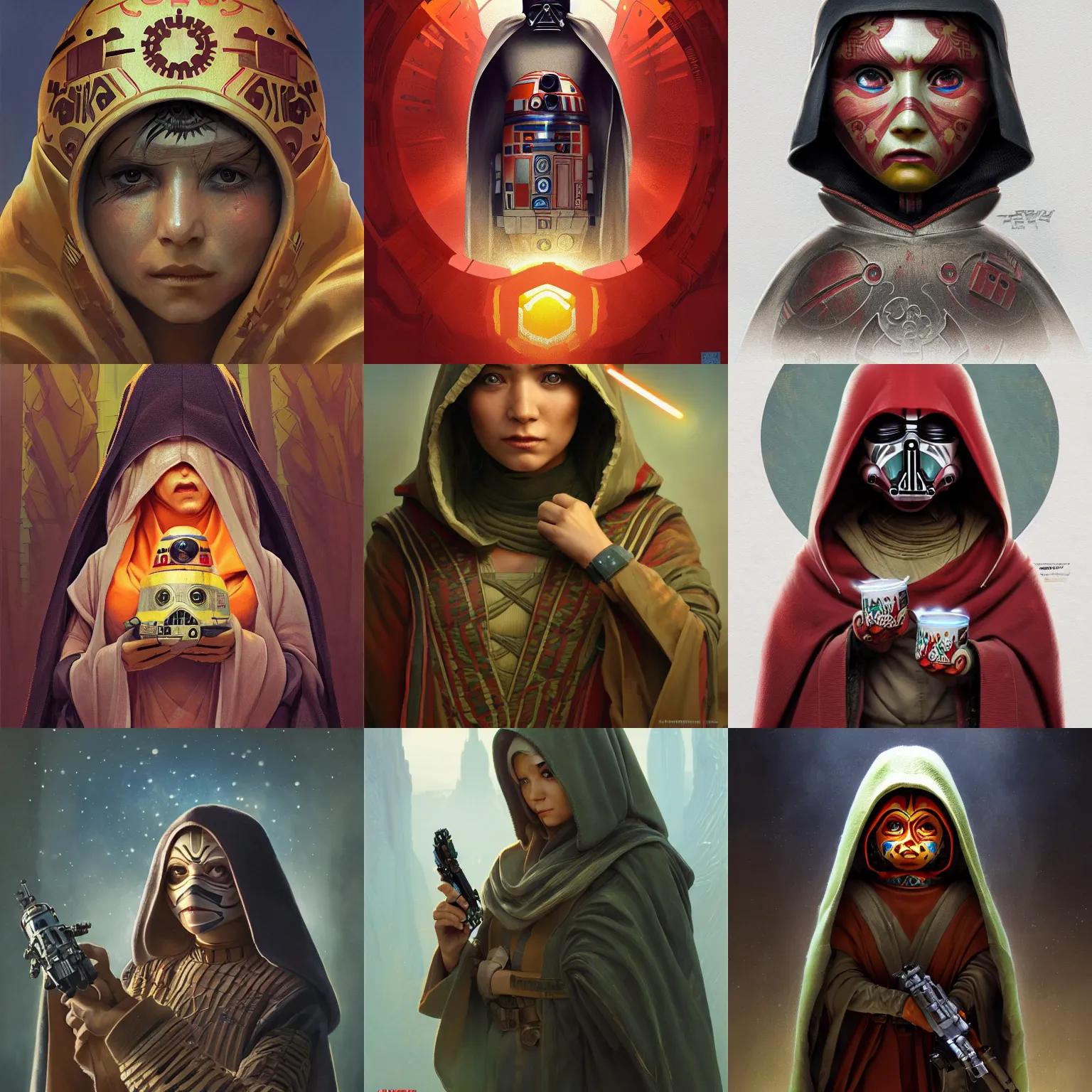 Prompt: matryoshka Star Wars movie character, highly detailed, digital fantasy character, painted portrait, artstation, concept art, hard focus, illustrations, works by artgerm and Greg Rutkowski, Alphonse Mucha and Craig Mullins, James Jean, Andrey Ryabovichev, Mark Simonetti and Peter Morbacher, 16k,