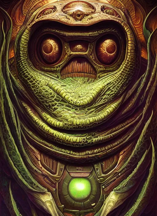 Image similar to phish spaceship mf doom reptile eyes, cosmic lsd poster art, intricate, elegant, highly detailed, centered, digital painting, artstation, concept art, smooth, sharp focus, illustration, artgerm, tomasz alen kopera, peter mohrbacher, donato giancola, joseph christian leyendecker, wlop, frank frazetta