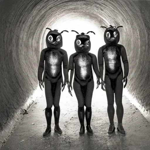 Image similar to cinematic photo of humans wearing realistic ant costumes in an underground unfinished dirt tunnel. several tunnel exits lead off in different directions. directed by david lynch. 3 5 mm film soft light, shadows, vhs copy film grain.