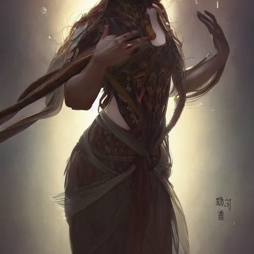 Image similar to japanese spider goddess, d & d, grey and brown color palette, highly detailed, digital painting, artstation, concept art, sharp focus, illustration, cinematic lighting, art by artgerm and greg rutkowski and alphonse mucha