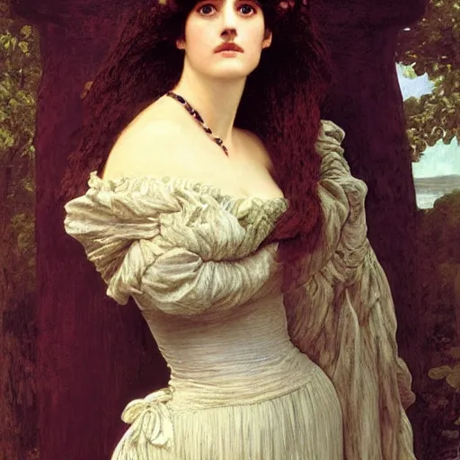 Prompt: portrait en buste of eva green in an edwardian dress by frederic william burton and frederic leighton, abundantly detailed, perfectly detailed eyes, annoyed expression