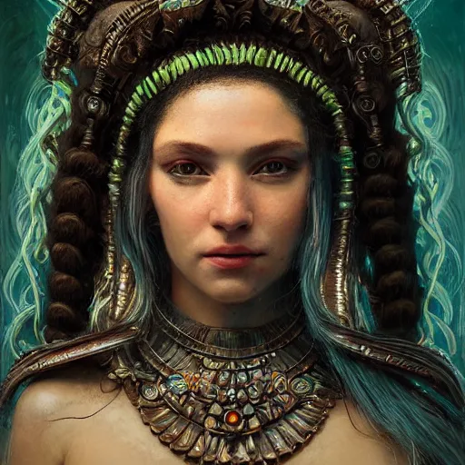 Image similar to octane render, artstation, 8 k, intricate detail, hyper detail, portrait by h. r. giger, gaston bussiere, bayard wu, greg rutkowski, greg rutkowski, sandro botticelli, tan lady of elche egyptian sumerian techno mystic goddess princess intergalactica inanna with aqua neon rapunzel dreadlocks,