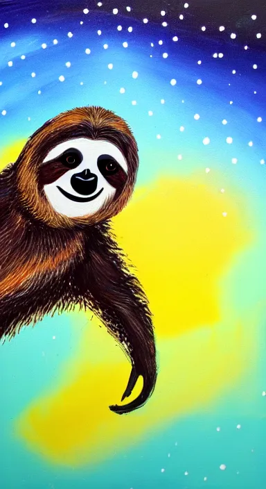 Image similar to abstract painting, a cute sloth hanging on a tree on a beautiful night with stars, made of beautiful colored thick flowing dramatic brush strokes, impressionist, matte colors, trending on artstation