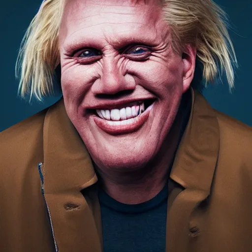 Image similar to centered detailed portrait of a caricature of Gary Busey smiling by Alina Ivanchenko,Alessio Albi and Shin JeongHo, shot on 70mm, hyper realism,
