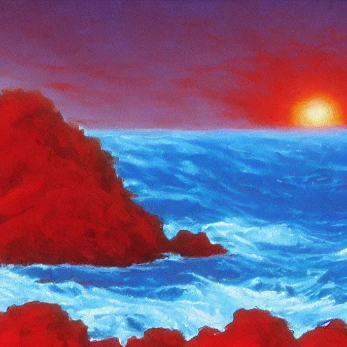 Image similar to a alien planet with a red ocean and blue sand and rocks at sunrise, bob ross painting, high coherence, highly detailed, high quality, masterpiece, award - winner, hyperrealistic