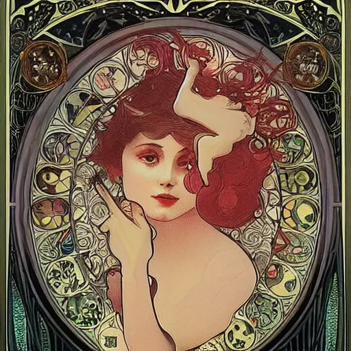 Image similar to Alice in Wonderland,Diamonds Blaze,Rose twining,out of time and space,dreamy, eternity, romantic,highly detailed,in the style of Alphonse Maria Mucha, highly detailed,night lighting