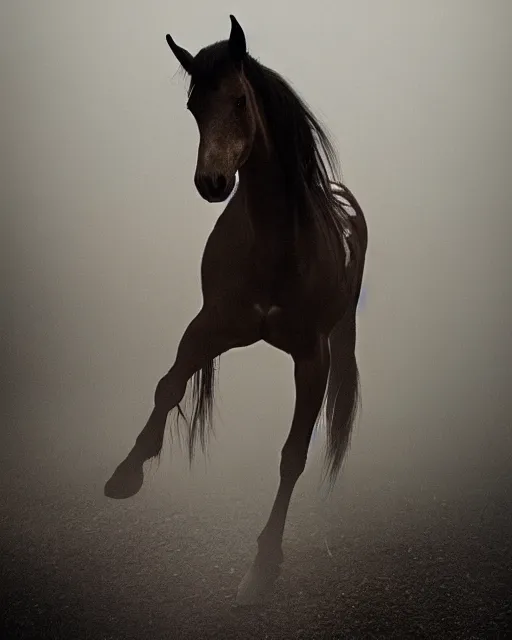 Image similar to photo of a demonic horse, with an emaciated skinny human body. it has albino skin, long shiny black hair and red glowing eyes, it is wearing a long black silk nightgown, moody, foggy and atmospheric, golden hour, soft focus, horror