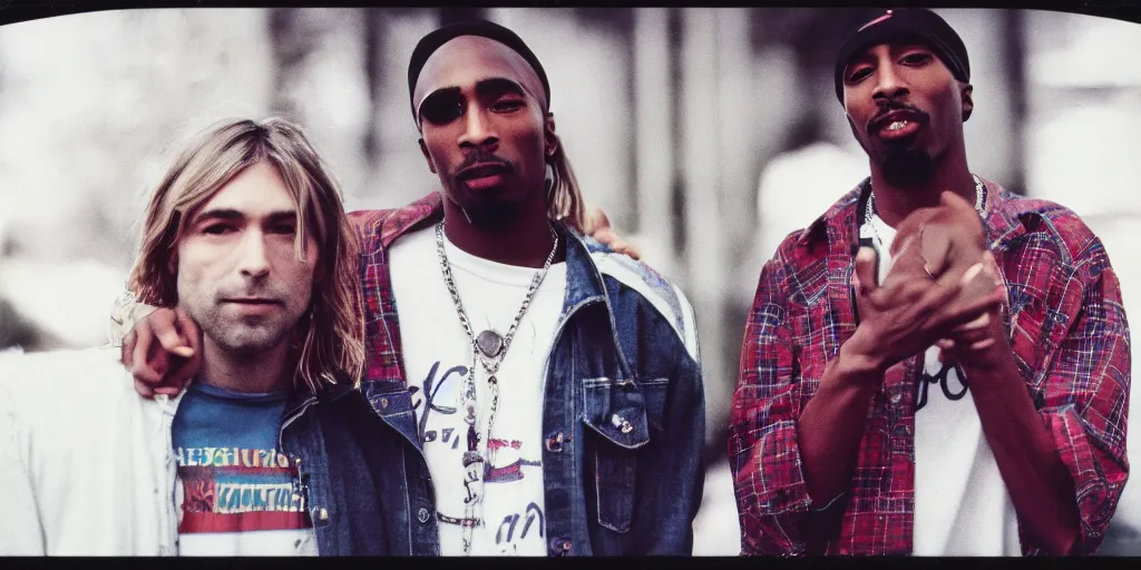 Image similar to Polaroid photograph of Kurt Cobain and Tupac Shakur, XF IQ4, 150MP, 50mm, F1.4, ISO 200, 1/160s, natural light, Adobe Lightroom, photolab, Affinity Photo, PhotoDirector 365,