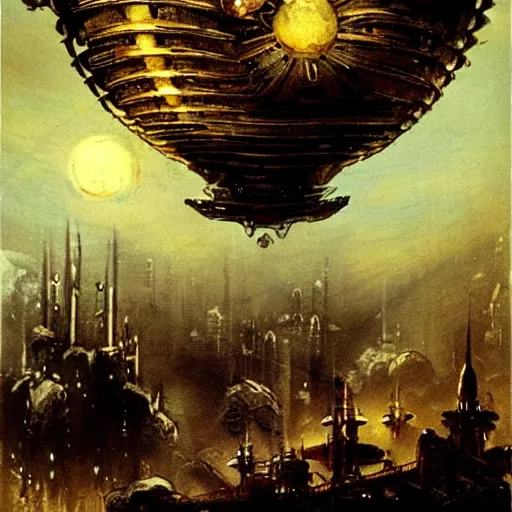 Image similar to enormous flying city in a faberge egg, sky, steampunk, fantasy art, masterpiece, hugh ferriss, digital, peder balke