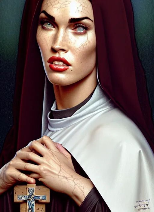 Image similar to portrait of megan fox as a nun with vampire bitemarks, catholic, church, bible, christian, intricate, headshot, highly detailed, digital painting, artstation, concept art, sharp focus, cinematic lighting, illustration, art by artgerm and greg rutkowski, alphonse mucha, cgsociety