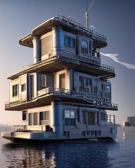 Image similar to a beautiful ultradetailed highly detailed city industrial architecture unfinished building houseboat by georgia o'keeffe, morning sun futuristic otherworldly sea dieselpunk, archdaily, wallpaper, highly detailed, trending on artstation.