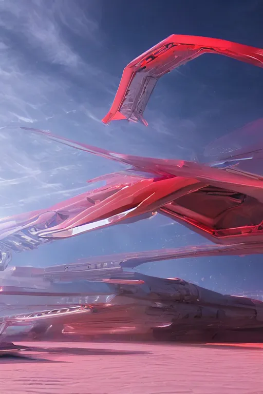 Image similar to professional photograph of a beautiful neo - futuristic simplified symmetrical spacecraft on a desert spaceport by ilm, denis villeneuve, emmanuel shiu, zaha hadid, vapor, cinematic architectural scale, red paint detail, manga, dramatic, volumetric, concept art, hard surface, hyperrealism, high detail, trending on artstation, sharp focus, rendered in octane