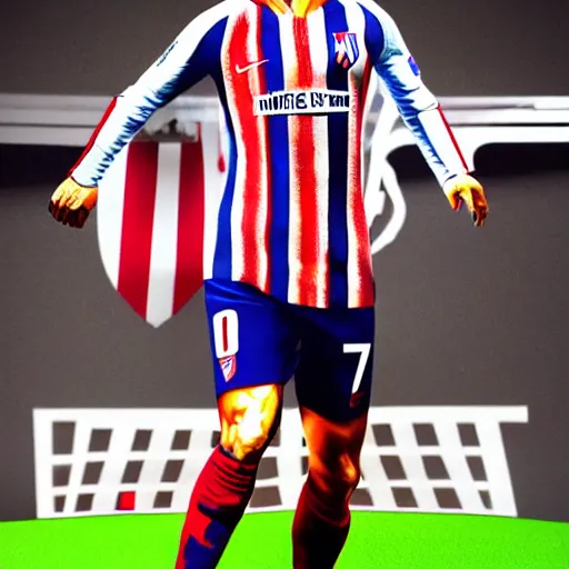 Image similar to cristiano ronaldo dressed with the atletico de madrid football team shirt, 4 k extremely photorealistic, high contrast colors, hyper detailed!!