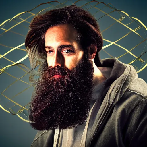 Prompt: Man with beard, space in the background, reflection of DNA double helix in his eyes, 4K