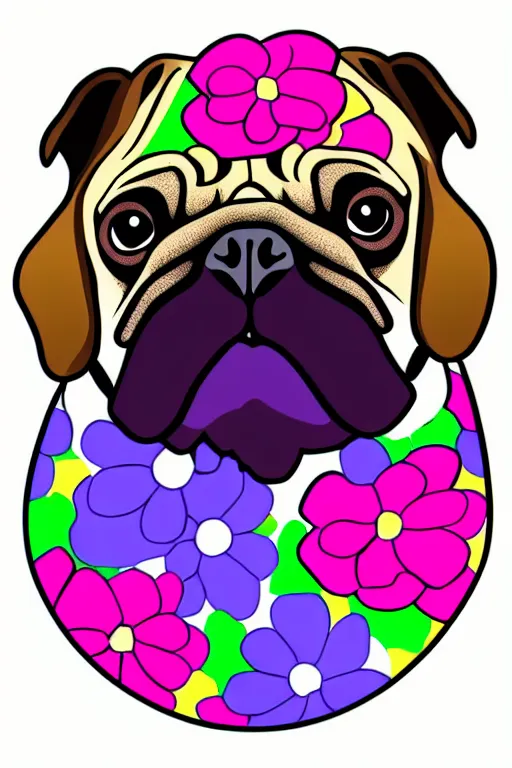 Image similar to portrait of a flower rambo pug, art by milka oxana, sticker, colorful, illustration, highly detailed, simple, smooth and clean vector curves, no jagged lines, vector art, smooth